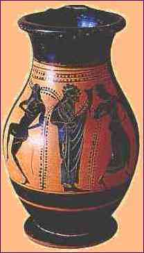 Attic olpae, or wine vessel, with Dionysian themes